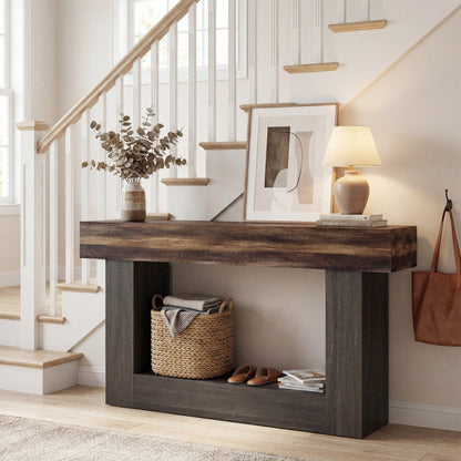 2-Tier Farmhouse Console Table 63" Long with Storage Shelf