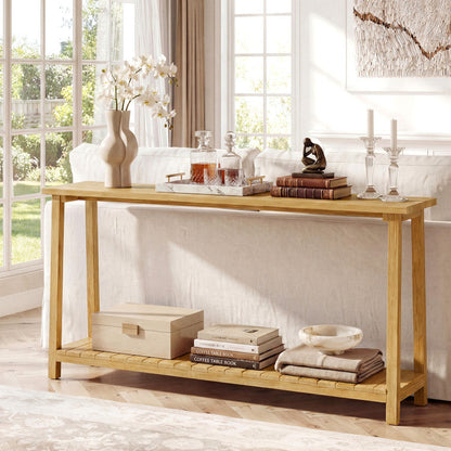 2-Tier Farmhouse Sofa Table with Teak Wood Frame and Storage Shelf