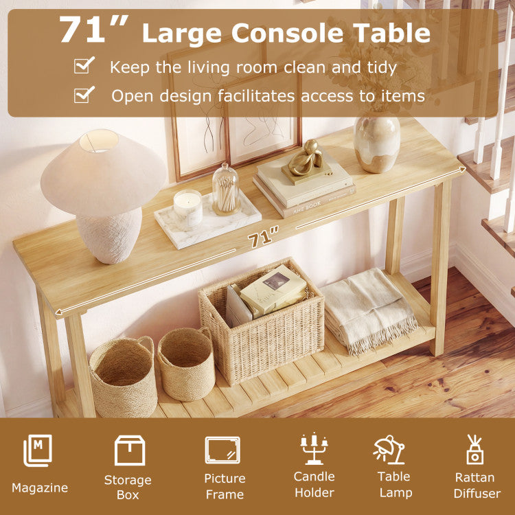 2-Tier Farmhouse Sofa Table with Teak Wood Frame and Storage Shelf
