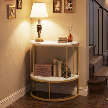 2-Tier Half Moon Console Table with Power Outlets and Storage Shel for Hallway