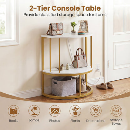 2-Tier Half Moon Console Table with Power Outlets and Storage Shel for Hallway