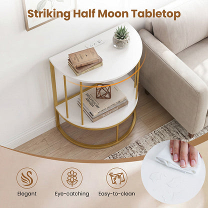 2-Tier Half Moon Console Table with Power Outlets and Storage Shel for Hallway