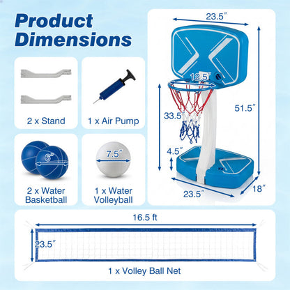 2-in-1 Pool Basketball Hoop and Pool Volleyball Net with Weighted Base