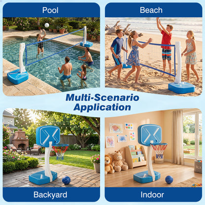2-in-1 Pool Basketball Hoop and Pool Volleyball Net with Weighted Base