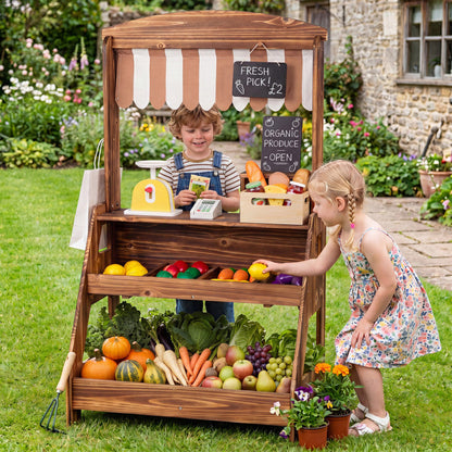 2-in-1 Wooden Mud Kitchen and Market Stand for Kids Outdoor with Planter Box and 2 Chalkboards