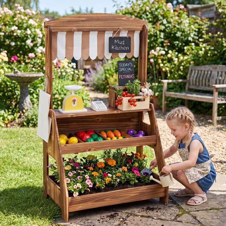 2-in-1 Wooden Mud Kitchen and Market Stand for Kids Outdoor with Planter Box and 2 Chalkboards