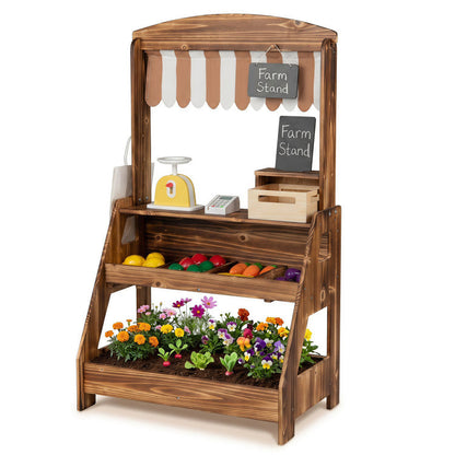 2-in-1 Wooden Mud Kitchen and Market Stand for Kids Outdoor with Planter Box and 2 Chalkboards