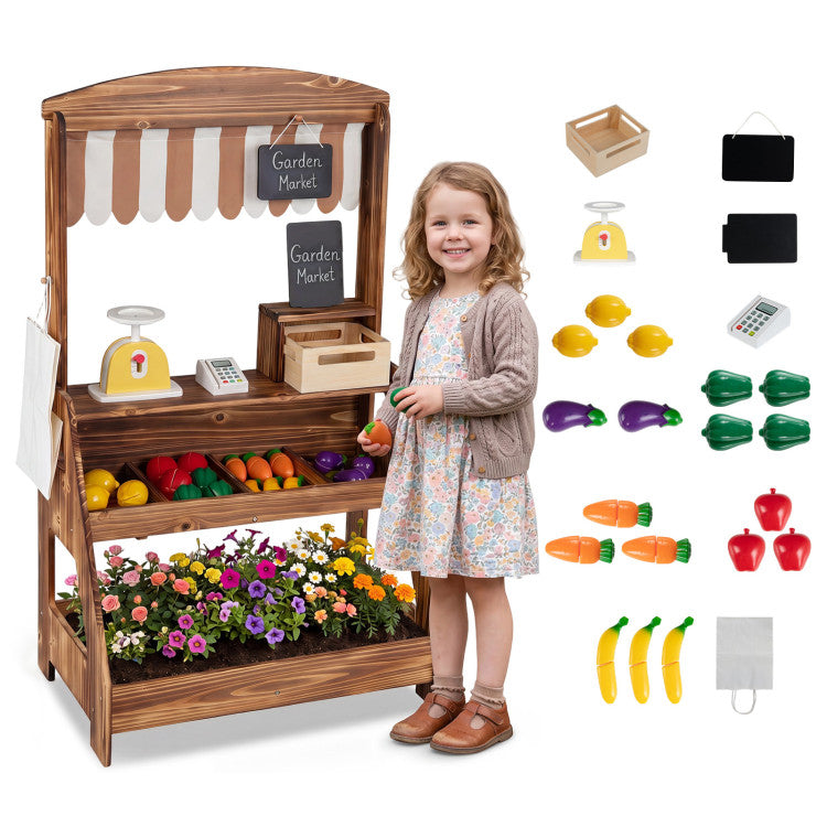 2-in-1 Wooden Mud Kitchen and Market Stand for Kids Outdoor with Planter Box and 2 Chalkboards