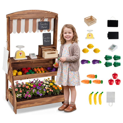 2-in-1 Wooden Mud Kitchen and Market Stand for Kids Outdoor with Planter Box and 2 Chalkboards