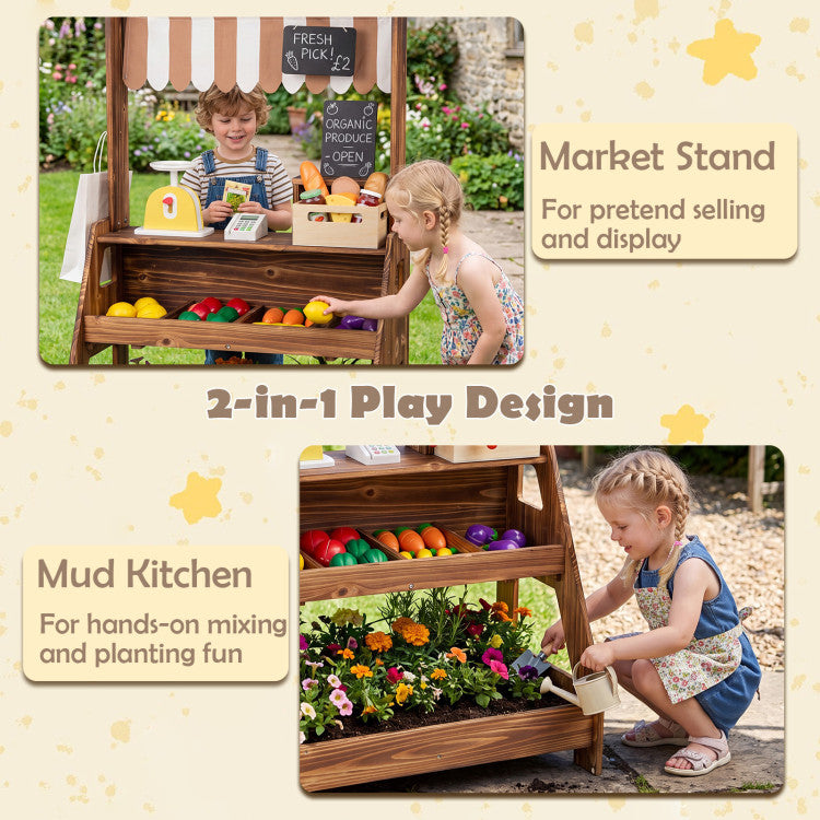 2-in-1 Wooden Mud Kitchen and Market Stand for Kids Outdoor with Planter Box and 2 Chalkboards