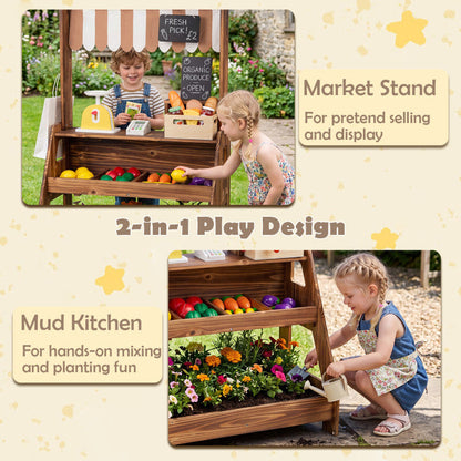 2-in-1 Wooden Mud Kitchen and Market Stand for Kids Outdoor with Planter Box and 2 Chalkboards