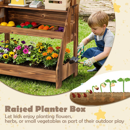 2-in-1 Wooden Mud Kitchen and Market Stand for Kids Outdoor with Planter Box and 2 Chalkboards