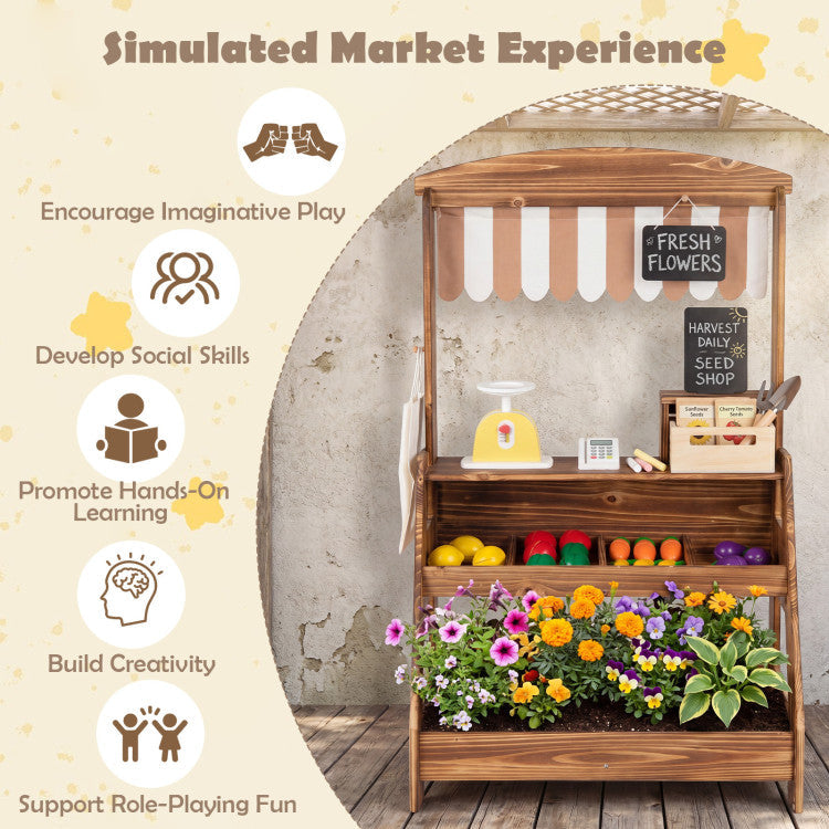 2-in-1 Wooden Mud Kitchen and Market Stand for Kids Outdoor with Planter Box and 2 Chalkboards