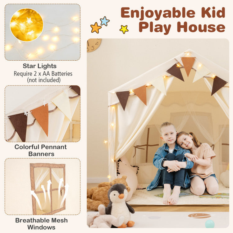 3-4 Kids Large Play Tent House with 2 Opening Doors and Star Lights