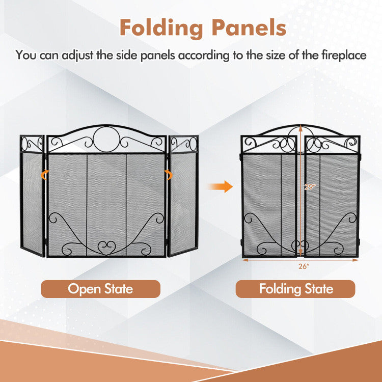 3-Panel Freestanding Fireplace Screen Folded Fire Doors