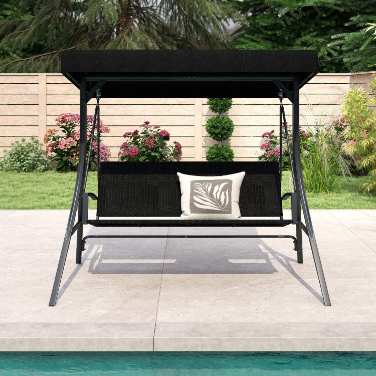 3-Person Porch Swing with Stand Outdoor Canopy Swing with Rattan Seat Back