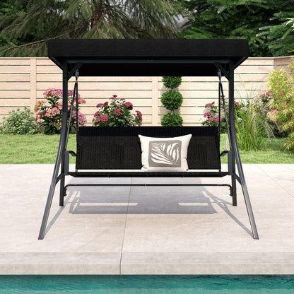 3-Person Porch Swing with Stand Outdoor Canopy Swing with Rattan Seat Back