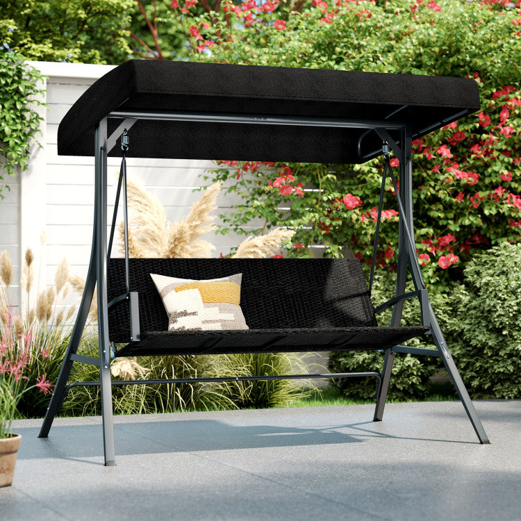 3-Person Porch Swing with Stand Outdoor Canopy Swing with Rattan Seat Back