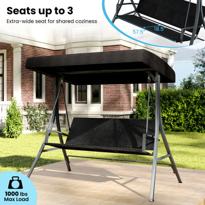 3-Person Porch Swing with Stand Outdoor Canopy Swing with Rattan Seat Back
