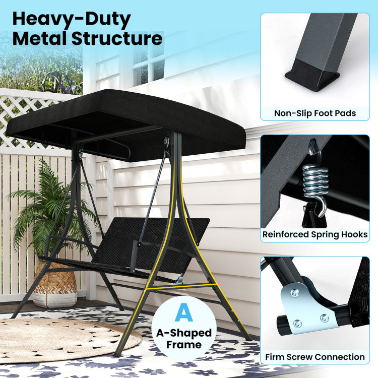 3-Person Porch Swing with Stand Outdoor Canopy Swing with Rattan Seat Back