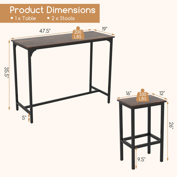 Industrial 3-Piece 47.5" Counter-Height Dining Table and 2 Bar Stools