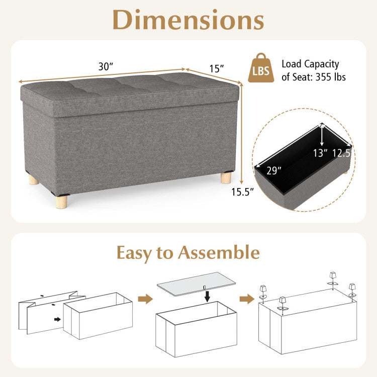 30 Inches Storage Ottoman Bench with Tray and Rubber Wood Legs