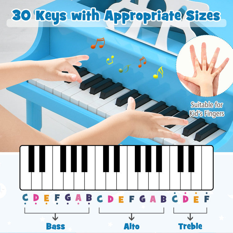 30-Key Wood Toy Kids Grand Piano with Bench and Music Rack