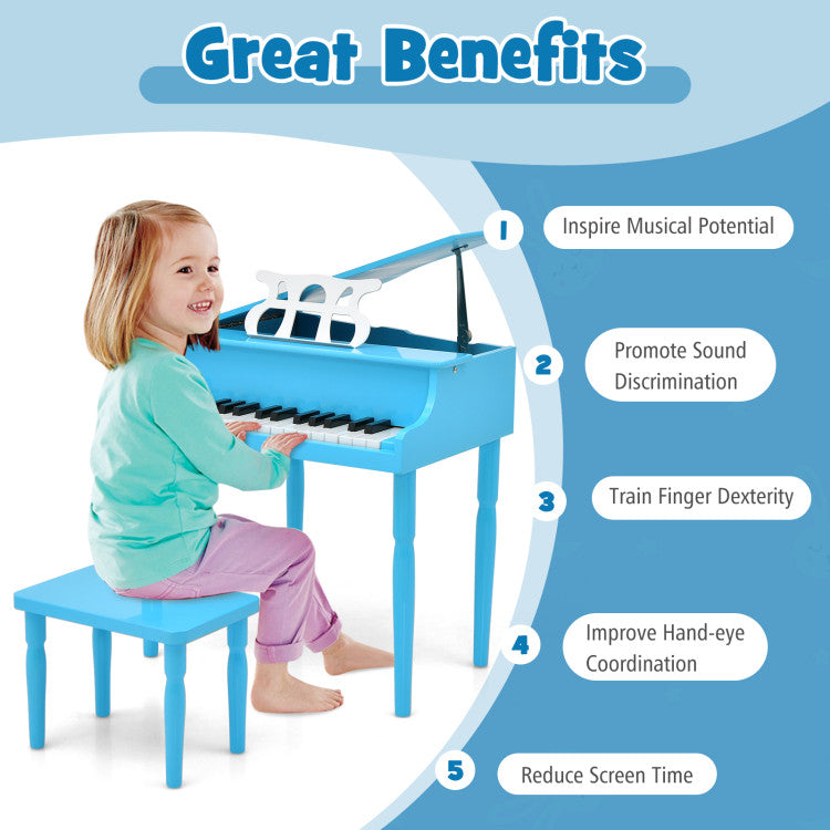 30-Key Wood Toy Kids Grand Piano with Bench and Music Rack