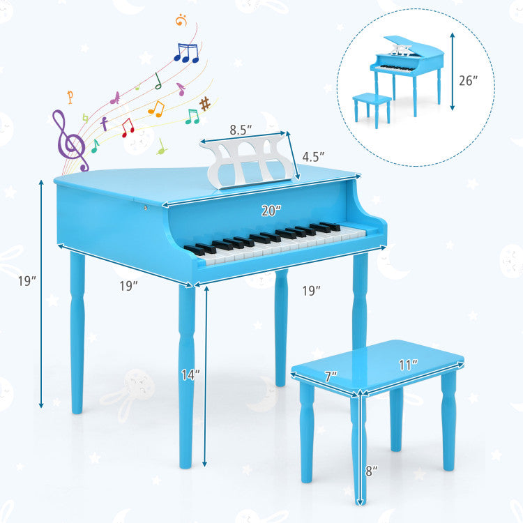 30-Key Wood Toy Kids Grand Piano with Bench and Music Rack