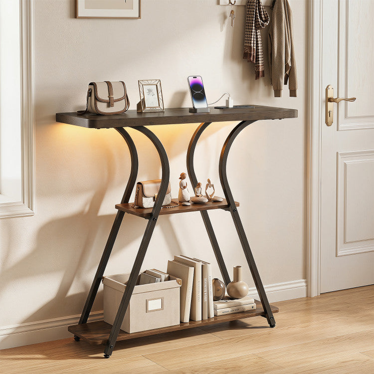 32 Inch Narrow Long Entryway Table with Power Outlets and LED Lights