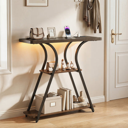 32 Inch Narrow Long Entryway Table with Power Outlets and LED Lights
