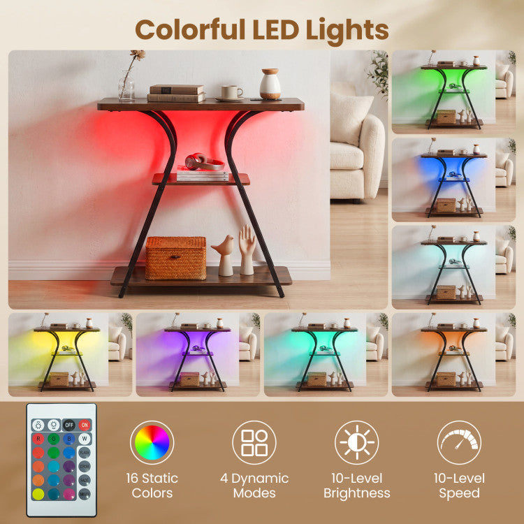 32 Inch Narrow Long Entryway Table with Power Outlets and LED Lights