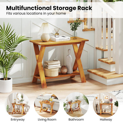 35 Inch Solid Teak Wood Console Table with Storage Shelf