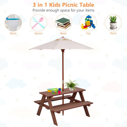 Outdoor 4-Seat Kids Picnic Table Bench Set with Removable Umbrella