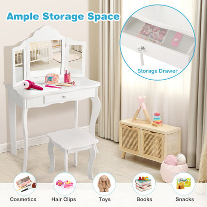 Kids Dressing Vanity Set with Detachable Tri-Folding Mirror and Stool