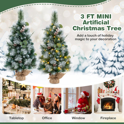 3 FT Pre-Lit Artificial Mini Christmas Tree with 98 Flocked PVC and Pine Needles