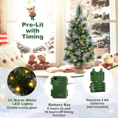 3 FT Pre-Lit Artificial Mini Christmas Tree with 98 Flocked PVC and Pine Needles