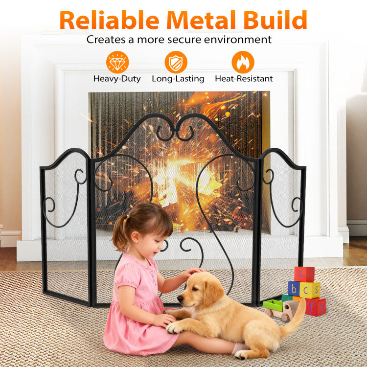 3 Panel Fireplace Screen Foldable Spark Guard Cover with Decorative Scroll