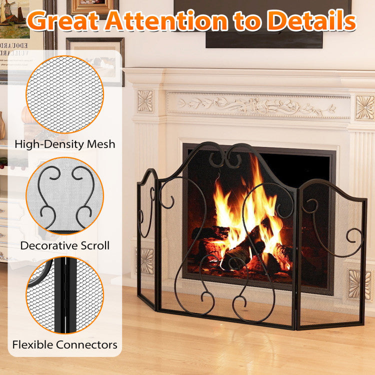 3 Panel Fireplace Screen Foldable Spark Guard Cover with Decorative Scroll