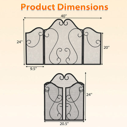 3 Panel Fireplace Screen Foldable Spark Guard Cover with Decorative Scroll