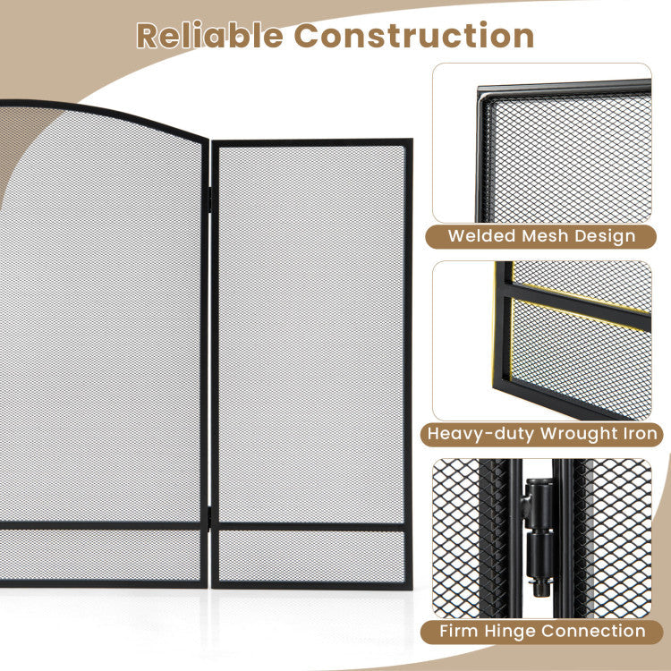 3-Panel Foldable Fireplace Screen with Wrought Metal Mesh