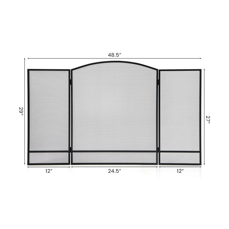 3-Panel Foldable Fireplace Screen with Wrought Metal Mesh