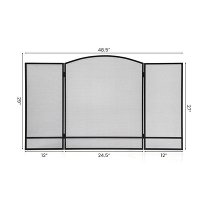 3-Panel Foldable Fireplace Screen with Wrought Metal Mesh