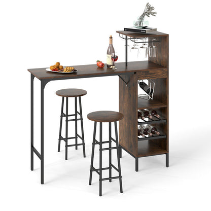 3 Piece Bar Table and Chairs Set with 6-Bottle Wine Rack