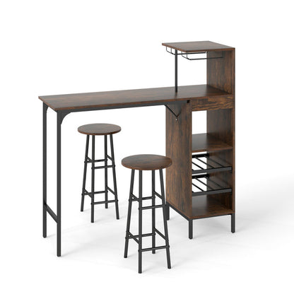3 Piece Bar Table and Chairs Set with 6-Bottle Wine Rack