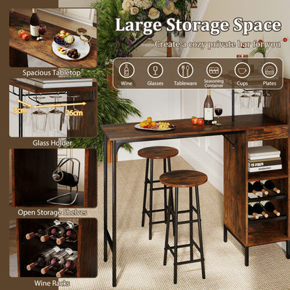 3 Piece Bar Table and Chairs Set with 6-Bottle Wine Rack