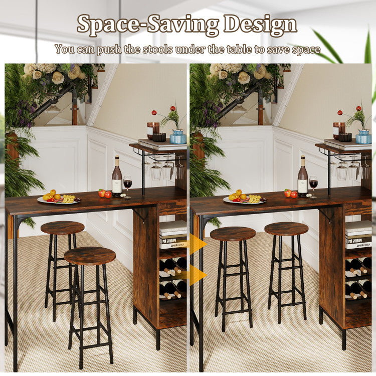 3 Piece Bar Table and Chairs Set with 6-Bottle Wine Rack