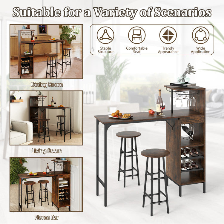 3 Piece Bar Table and Chairs Set with 6-Bottle Wine Rack