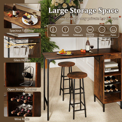 3 Piece Bar Table and Chairs Set with 6-Bottle Wine Rack