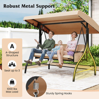 3-Piece Patio Swing with Canopy Removable Cushions and Side Pockets